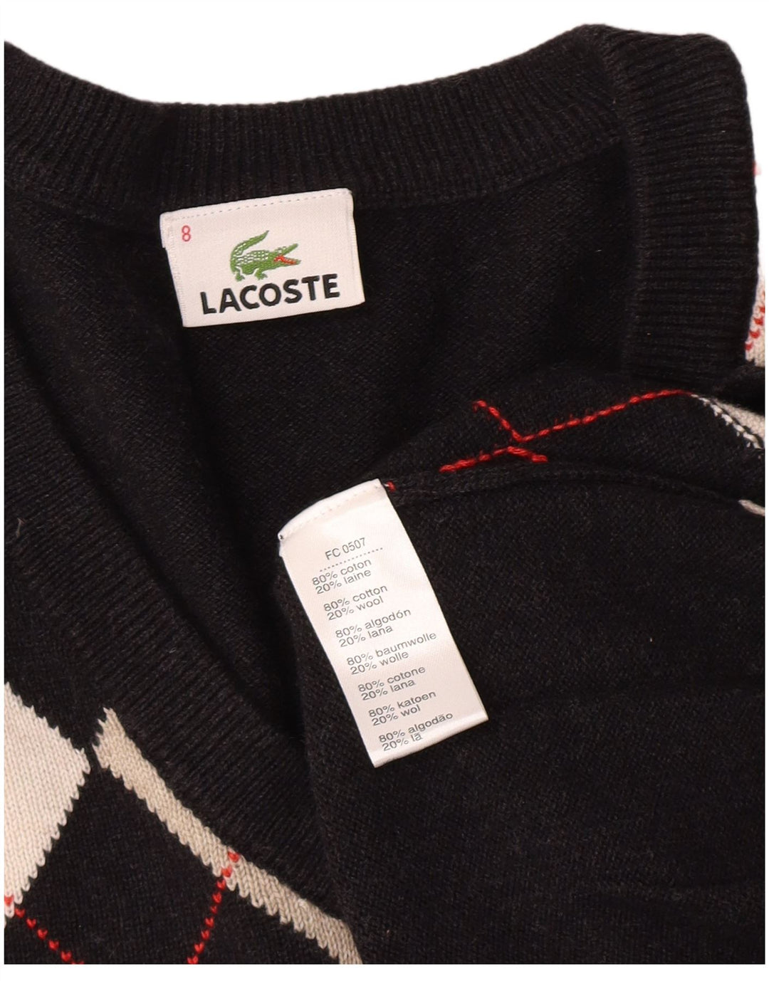 LACOSTE Muški džemper s V-izrezom Veličina 8 3XL Crni Argyle/Diamond Pamuk