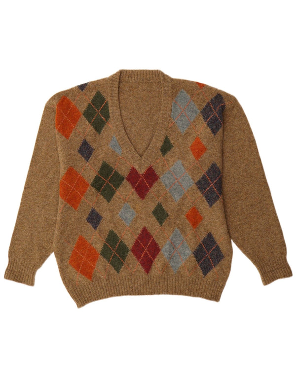 Vintage muški džemper s V-izrezom Srednje smeđi Argyle/Diamond