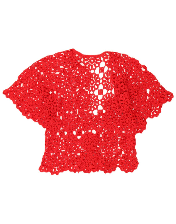 VINTAGE Heklani ženski kardigan kratkih rukava UK 12 Srednje crveni cvjetni