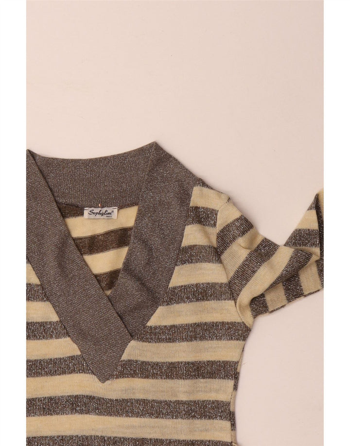 SOPHYLINE Ženski džemper s V-izrezom UK 8 Mali bež prugasti poliester