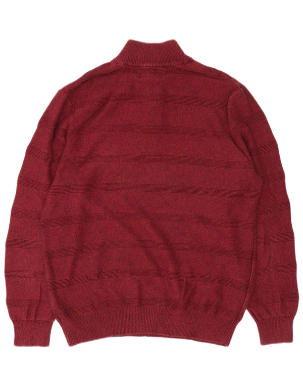 Chaps Mens Button Neck Jumper Sweater Medium Burgundy Striped Cotton