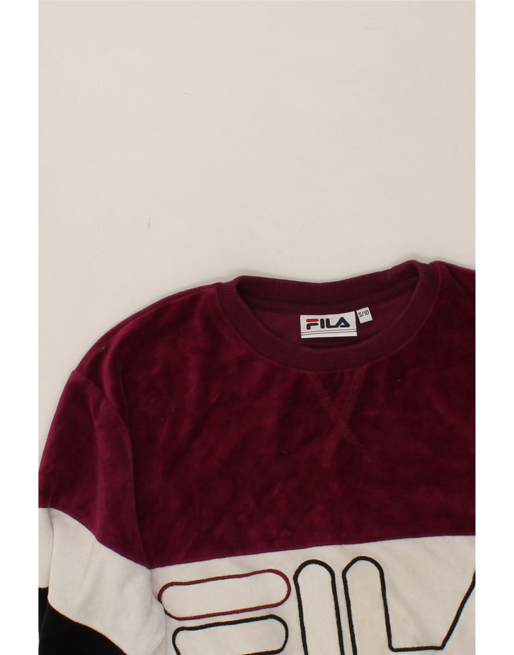 FILA Womens Velour Sweatshirt Jumper UK 10 Small Multicoloured Colourblock Vintage Fila and Second-Hand Fila from Messina Hembry 