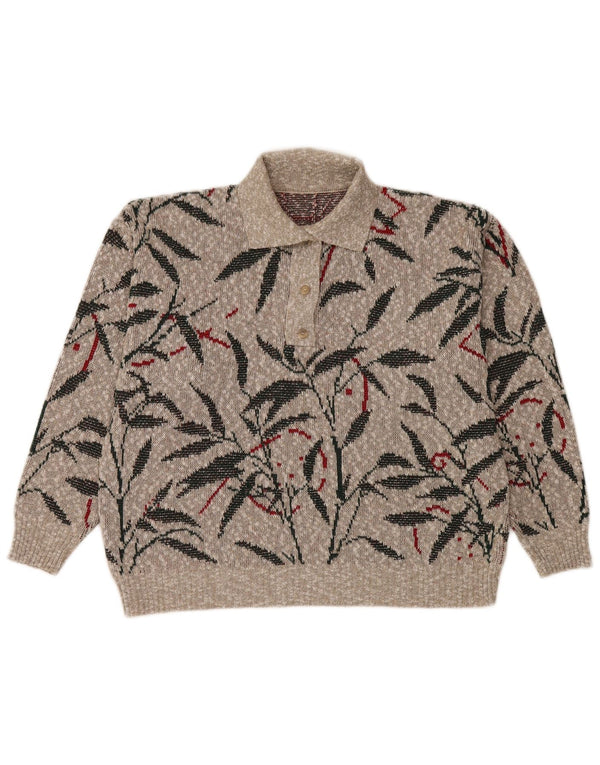 Vintage Womens Polo Neck Jumper Sweater UK 16 Large Grey Floral