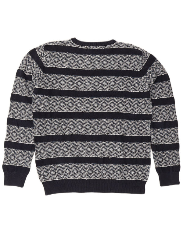Jack & Jones Mens Crew Neck Jumper Sweater Large Navy Blue Geometric Cotton