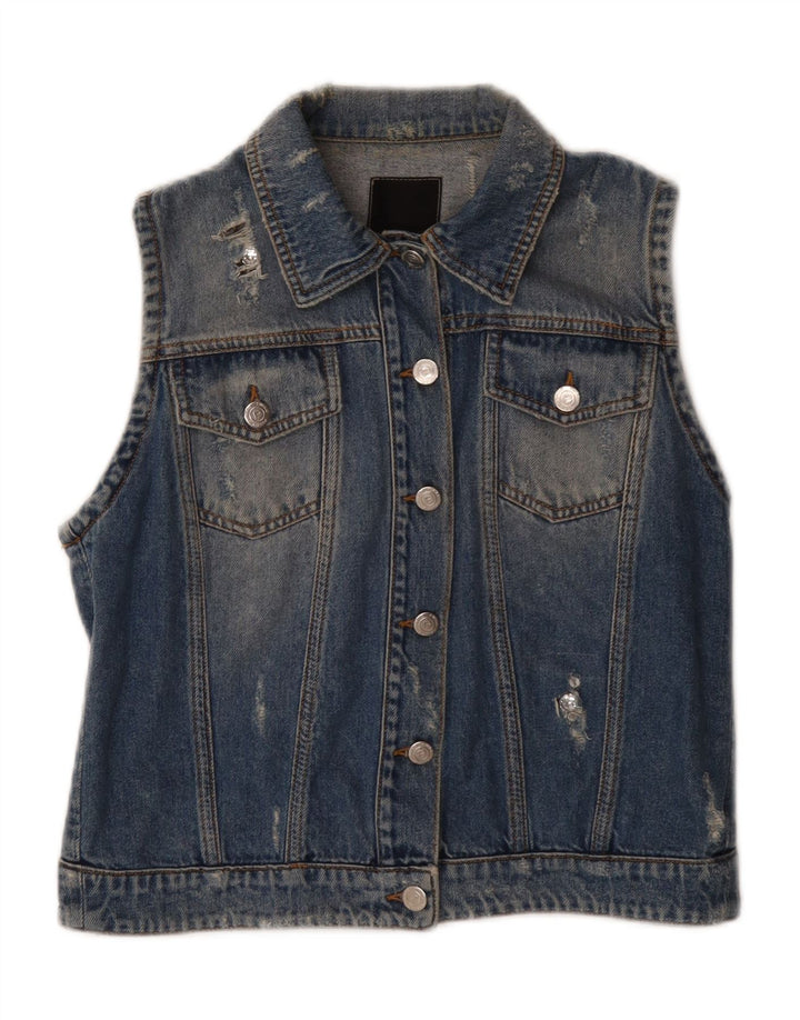 PINKO Womens Distressed Denim Gilet IT 46 Large Blue Cotton Vintage Pinko and Second-Hand Pinko from Messina Hembry 