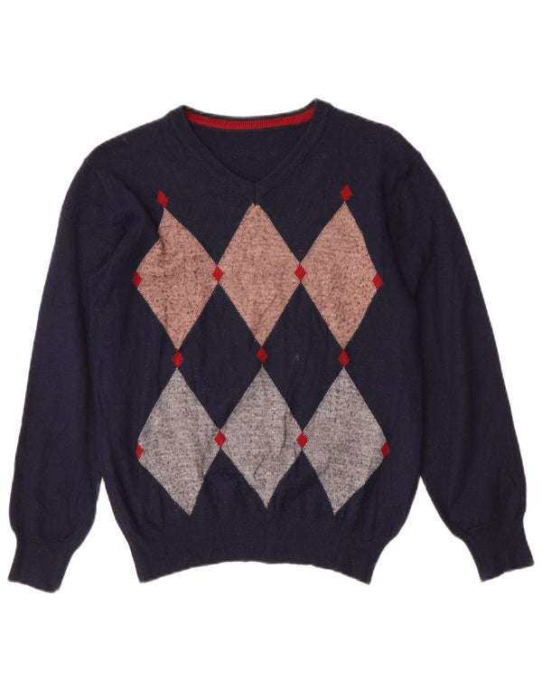 Vintage ženski džemper s V-izrezom UK 14 Srednje tamnoplavi Argyle/Diamond