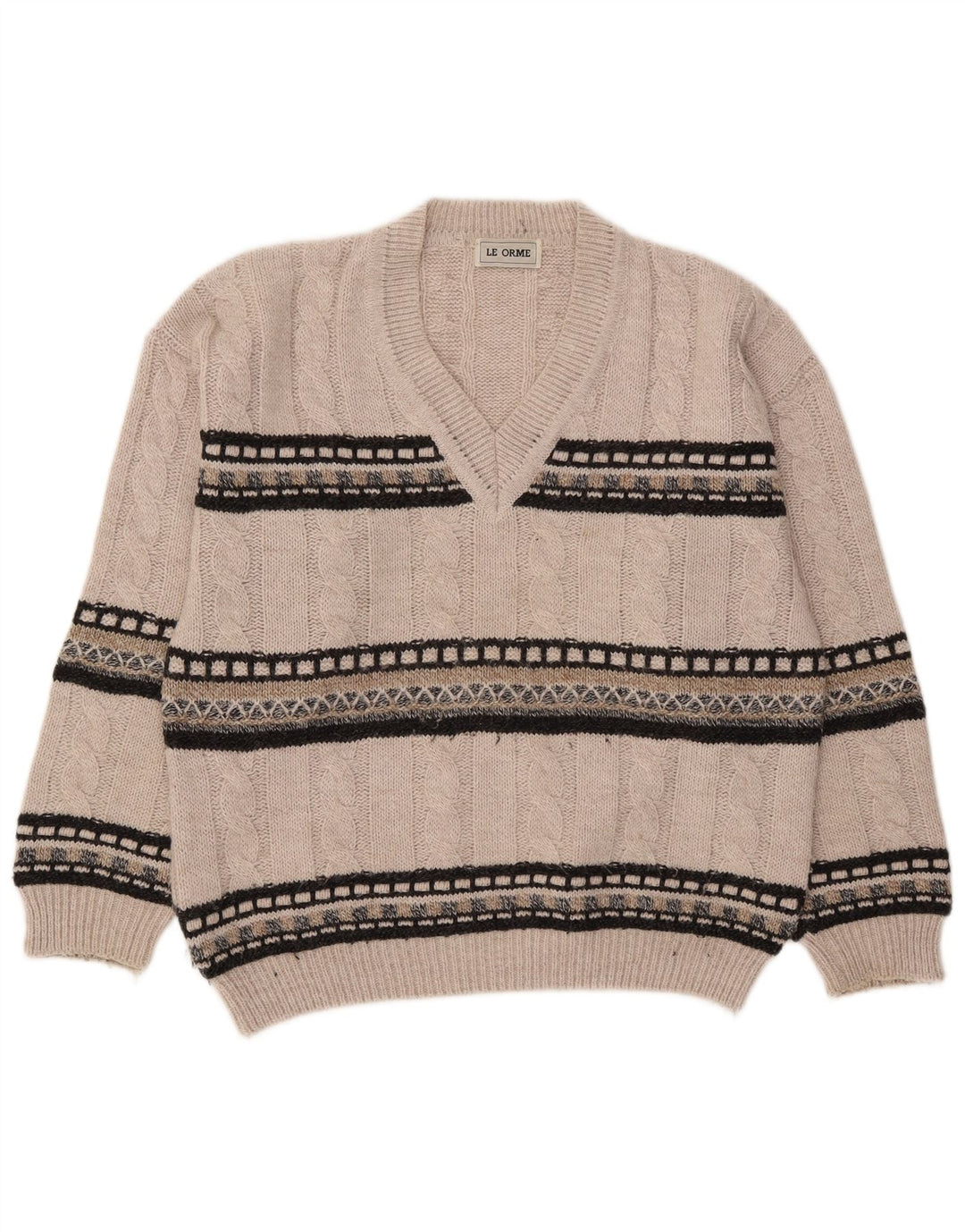 VINTAGE Mens V-Neck Jumper Sweater Large Grey Striped Wool