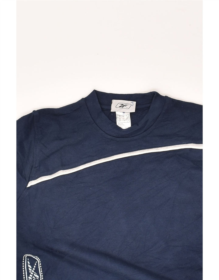 REEBOK Boys Graphic Sweatshirt Jumper 9-10 Years Navy Blue Cotton | Vintage Reebok | Thrift | Second-Hand Reebok | Used Clothing | Messina Hembry 