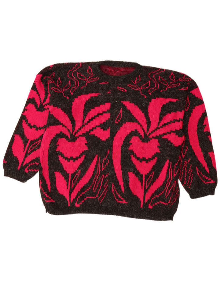 VINTAGE ženski džemper s morskim izrezom UK 20 2XL crni cvjetni akril