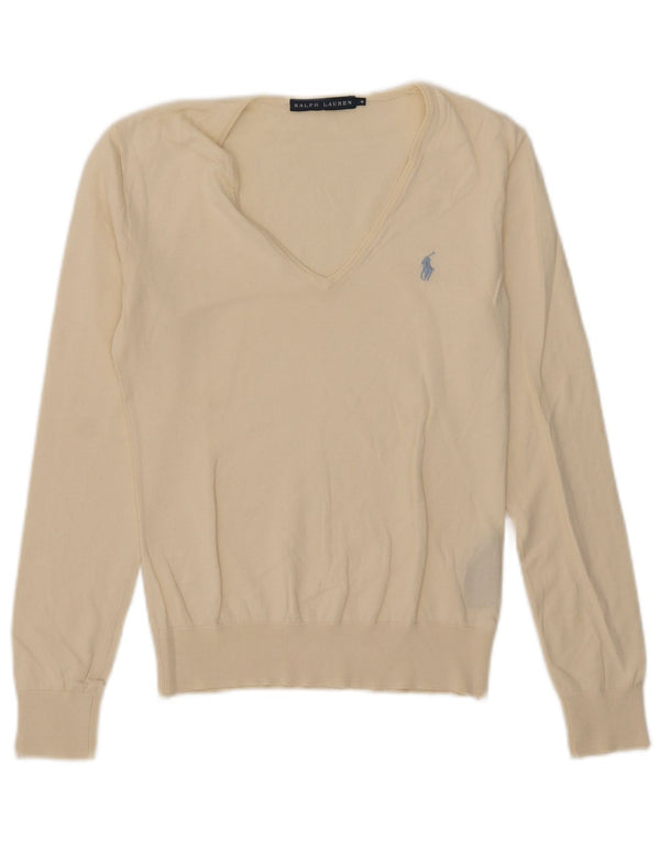 Ženski džemper s V-izrezom Ralph Lauren UK 12 srednje bijele boje pamuk