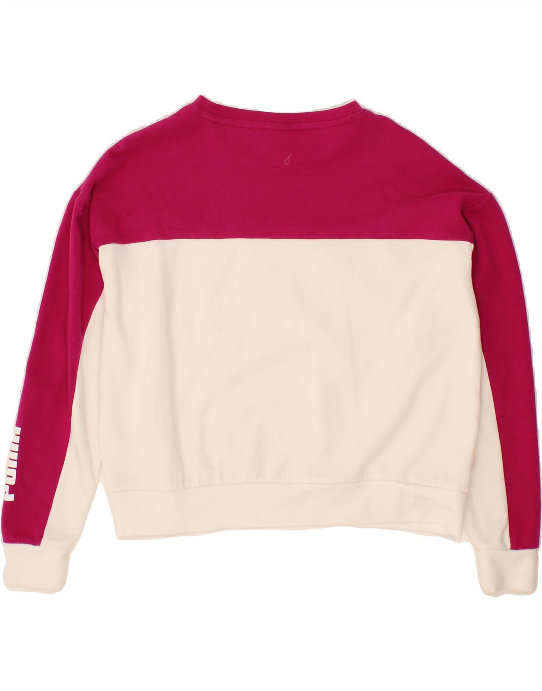 PUMA Womens Oversized Crop Sweatshirt Jumper UK 14 Medium Pink Colourblock Vintage Puma and Second-Hand Puma from Messina Hembry 