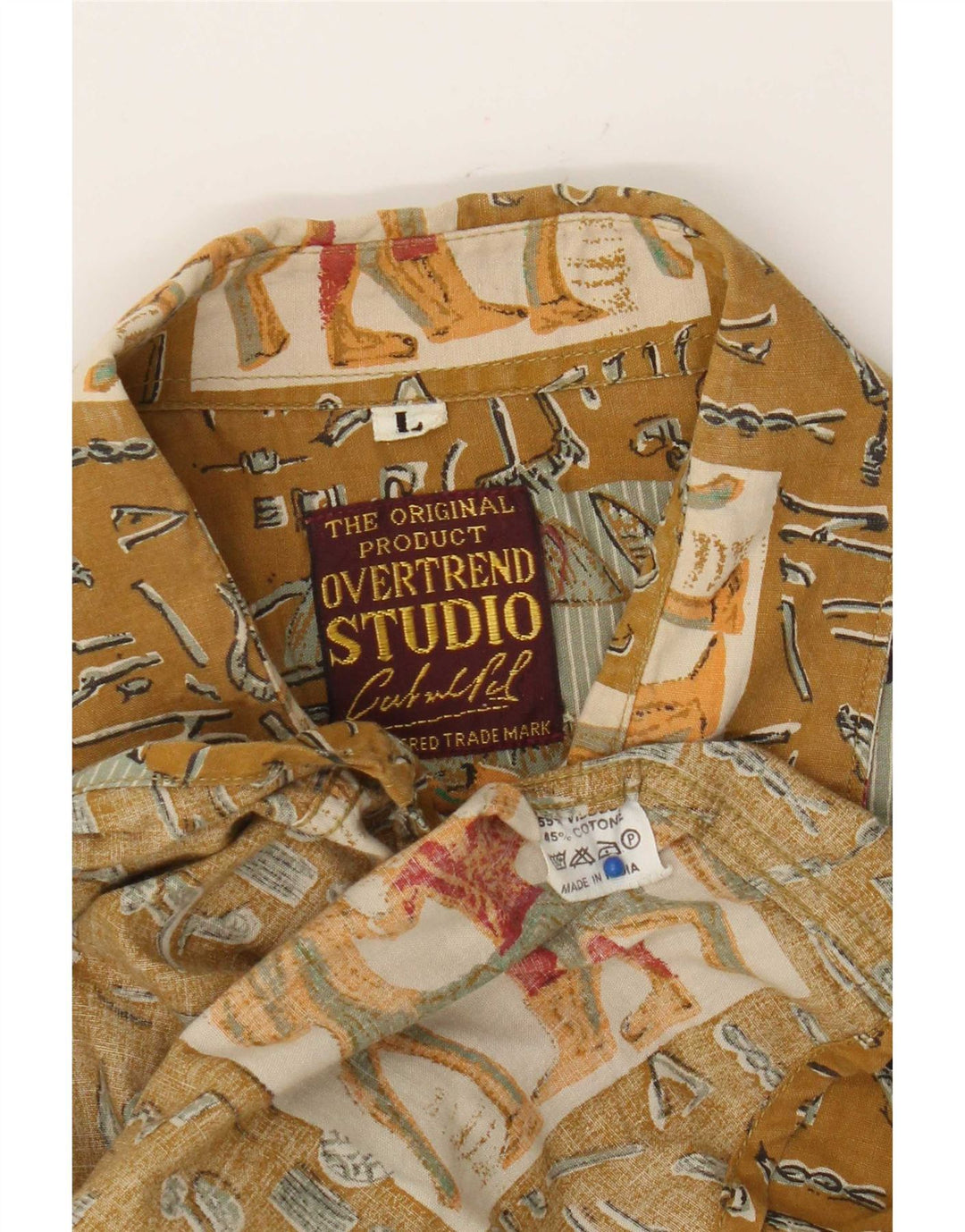 Vintage muška grafička majica kratkih rukava, velika kaki patchwork viskoza