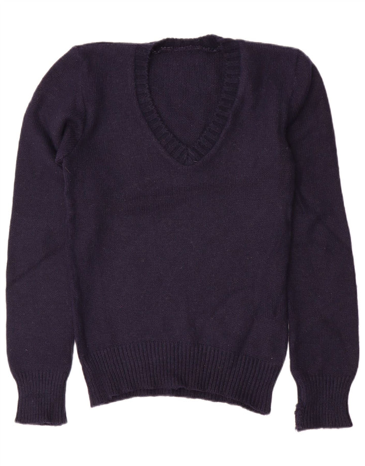 VINTAGE ženski džemper s V-izrezom UK 10 Mali tamnoplavi