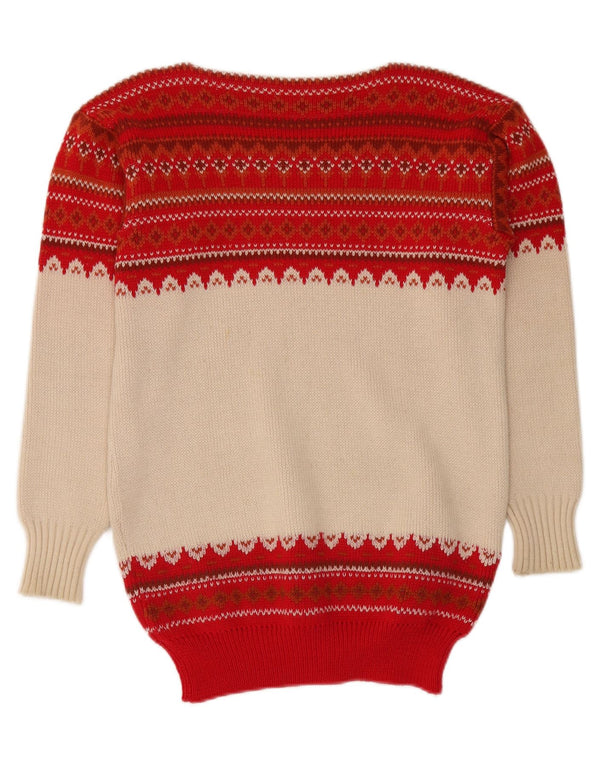 VINTAGE ženski džemper s brodskim izrezom IT 48 XL Red Fair Isle vuna