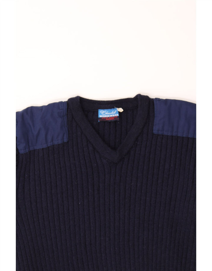 VINTAGE Womens V-Neck Jumper Sweater UK 14 Medium Navy Blue Wool Vintage Vintage and Second-Hand Vintage from Messina Hembry 