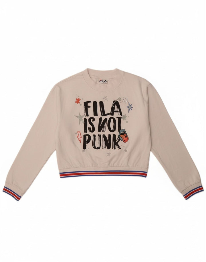 FILA Womens Crop Graphic Sweatshirt Jumper UK 14 Medium White Cotton