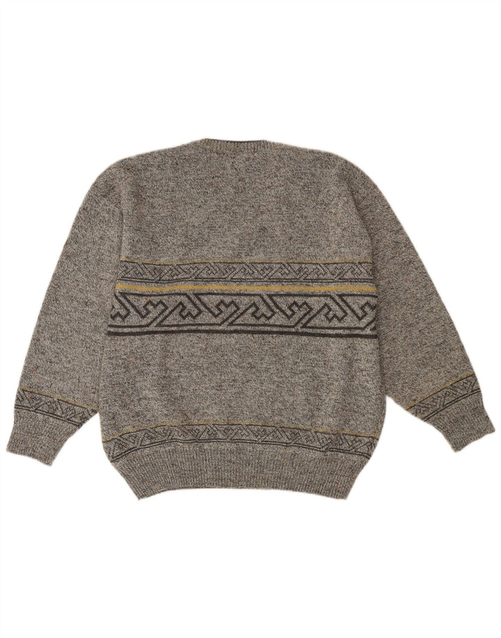 VINTAGE muški džemper s V-izrezom IT 52 veliki sivi geometrijski vuneni