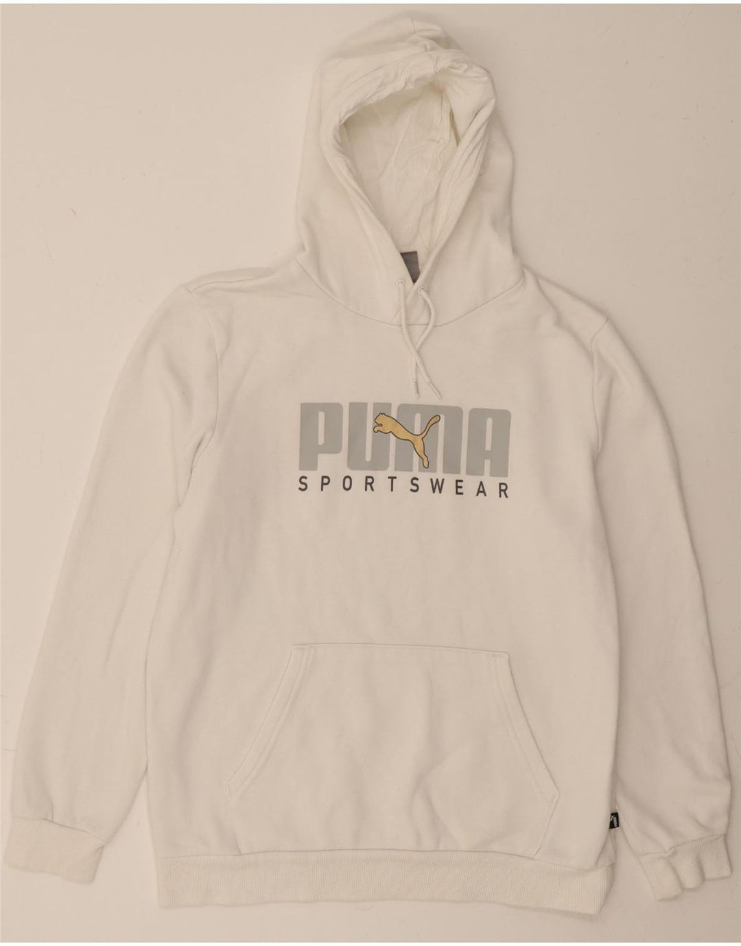 PUMA Mens Graphic Hoodie Jumper Medium White Cotton Vintage Puma and Second-Hand Puma from Messina Hembry 