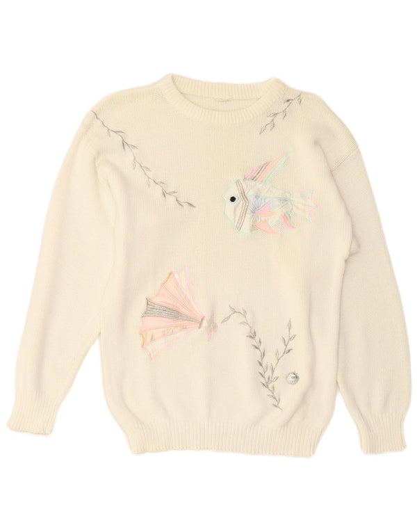 VINTAGE ženski džemper s okruglim izrezom UK 14 srednje bijele boje