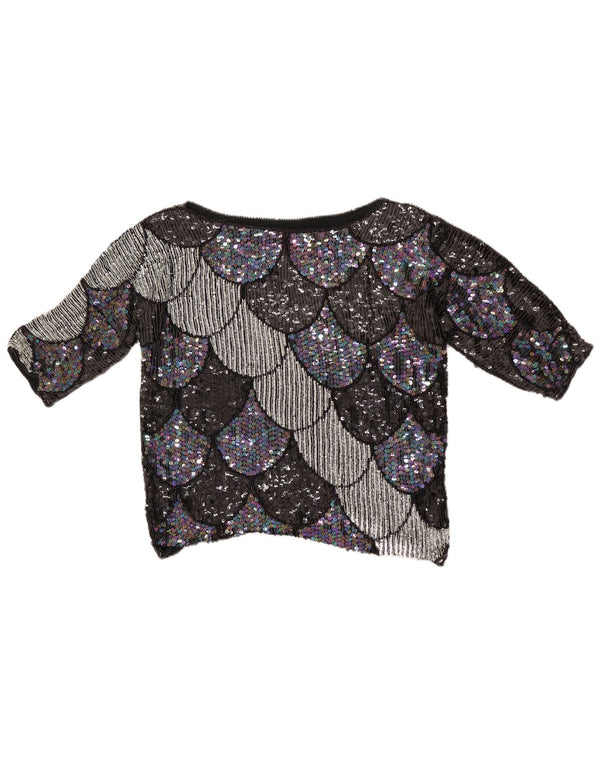 Vintage skraćena ženska majica s 3/4 rukavima UK 14 srednje crna geometrijska