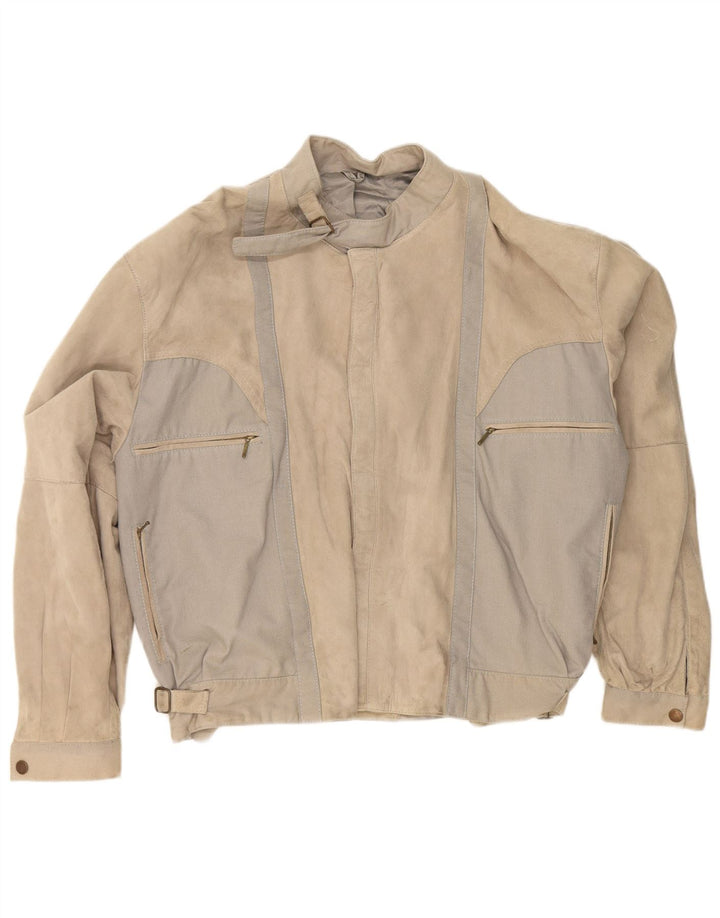 Vintage Mens Suede Racer Jacket IT 50 Large Beige Colourblock Leather