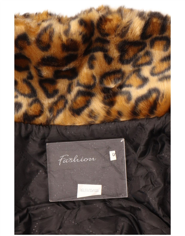 VINTAGE ženska jakna od umjetnog krzna UK 10 Mali smeđi poliester s printom životinja