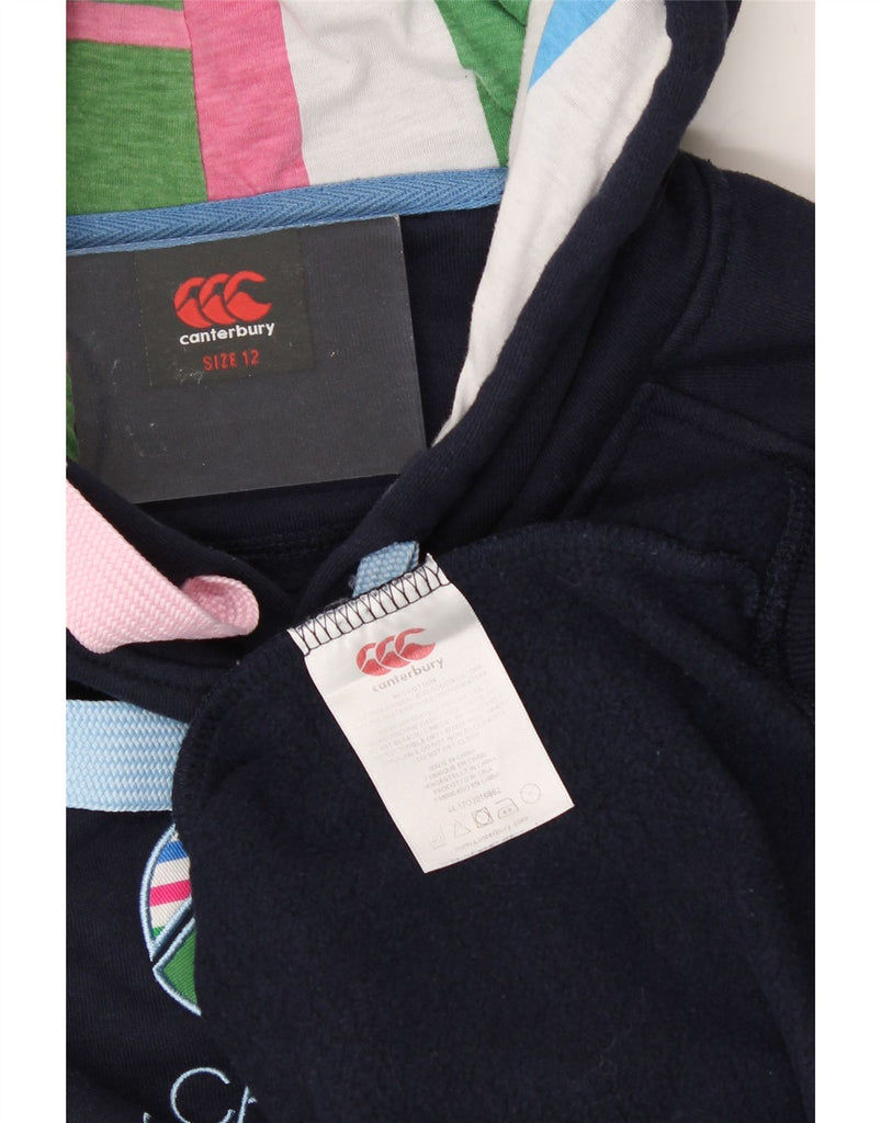 CANTERBURY Womens Graphic Hoodie Jumper UK 12 Medium Navy Blue Cotton Vintage Canterbury and Second-Hand Canterbury from Messina Hembry 
