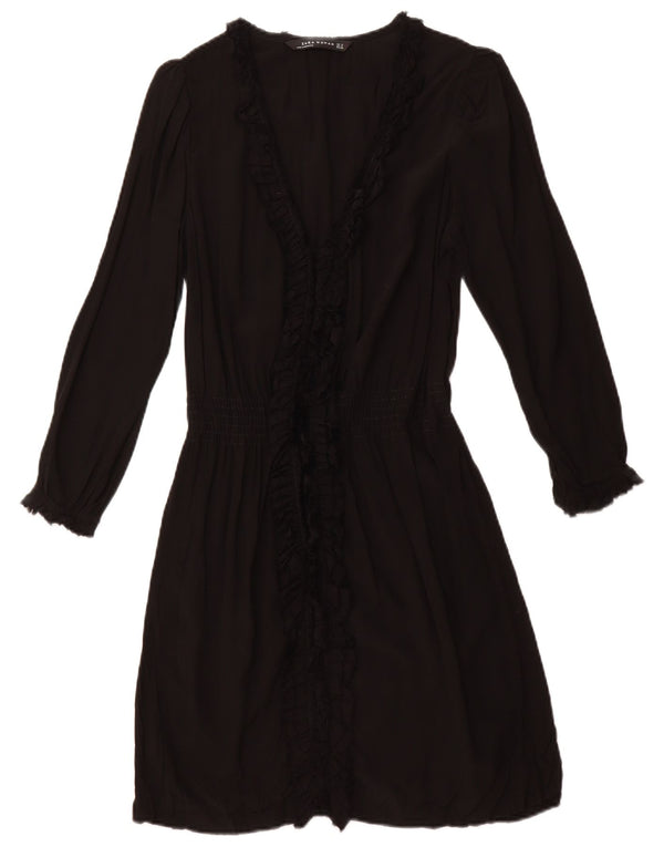 ZARA ženska haljina A-kroja dugih rukava s volanima sprijeda UK 12 Srednje crna