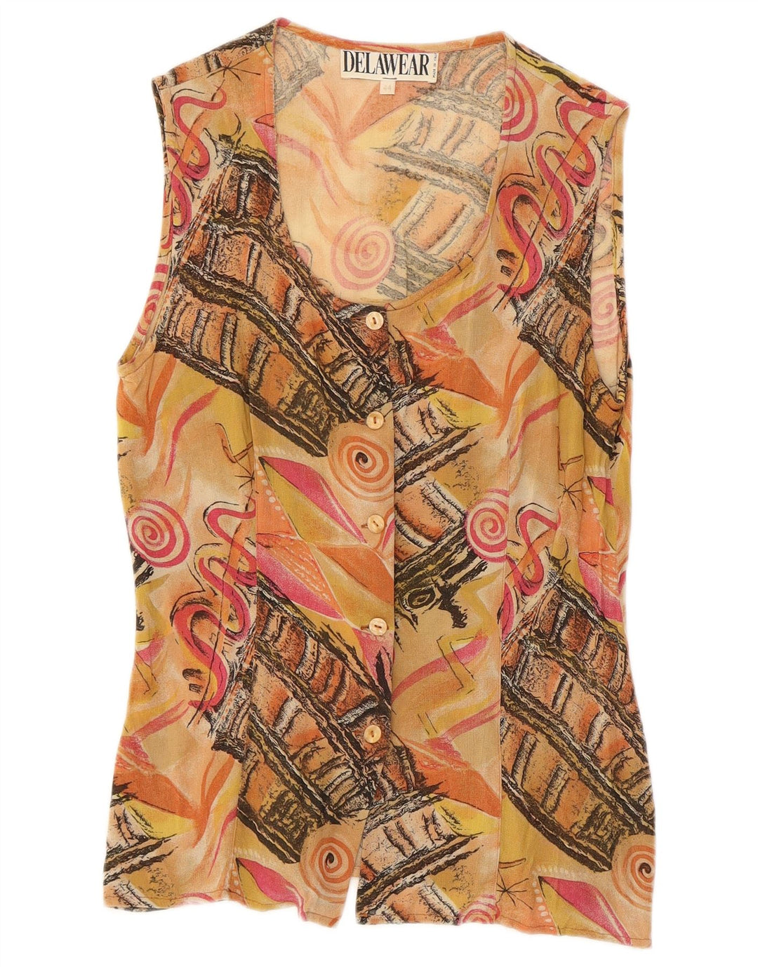 VINTAGE Womens Abstract Pattern Sleeveless Shirt Blouse IT 44 Medium Beige