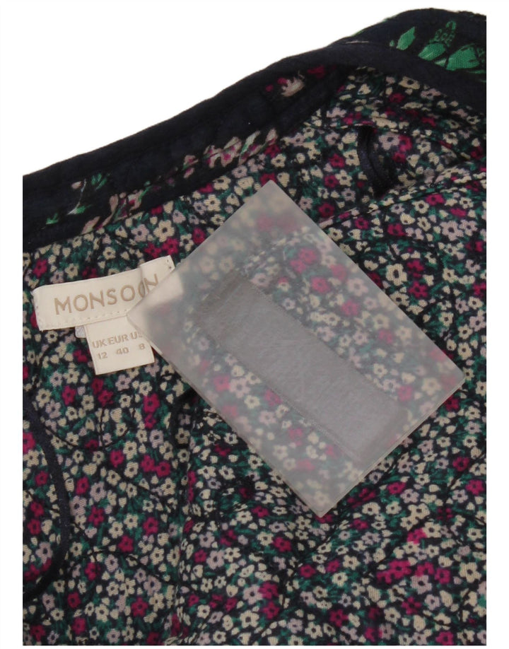 Monsoon ženska jakna s otvorenim sakoom UK 12 Srednje tamnoplavi cvjetni pamuk