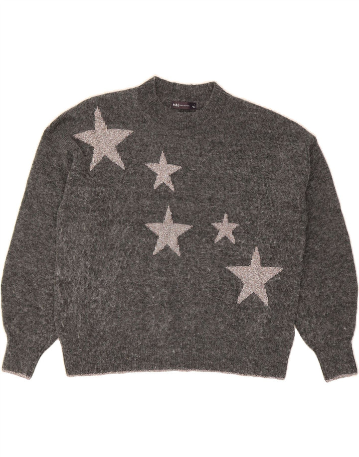 MARKS & SPENCER Womens Graphic Turtle Neck Jumper Sweater UK 16 Large Grey Vintage Marks & Spencer and Second-Hand Marks & Spencer from Messina Hembry 