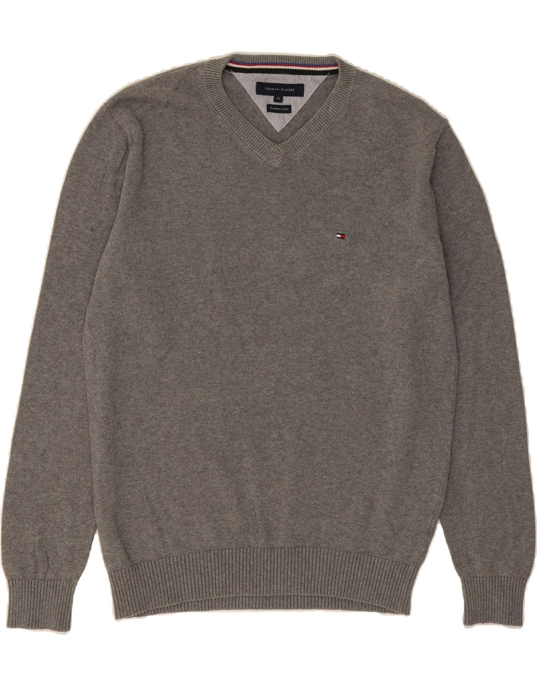 TOMMY HILFIGER Mens V-Neck Jumper Sweater Medium Grey Cotton Vintage Tommy Hilfiger and Second-Hand Tommy Hilfiger from Messina Hembry 