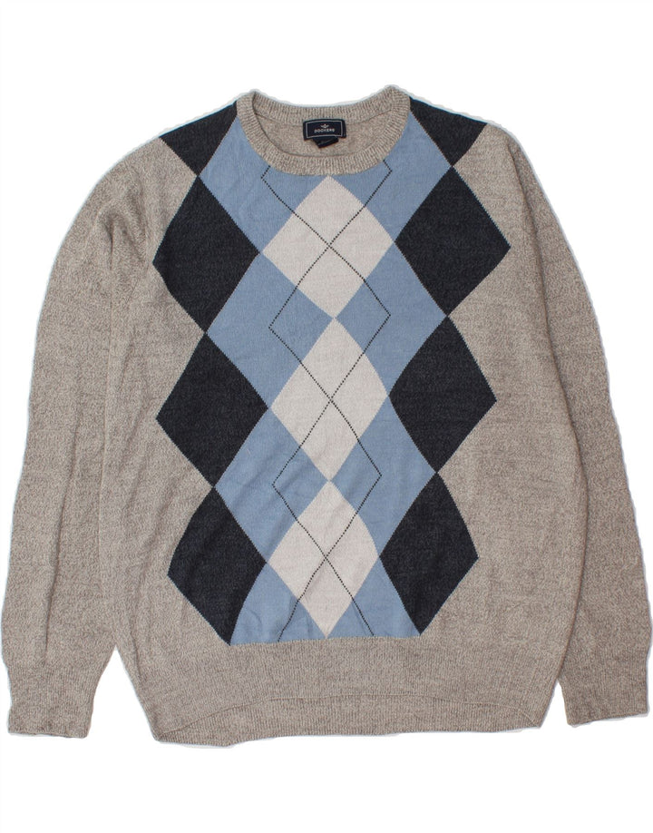 DOCKERS Womens Crew Neck Jumper Sweater UK 16 Large Grey Argyle/Diamond Vintage Dockers and Second-Hand Dockers from Messina Hembry 