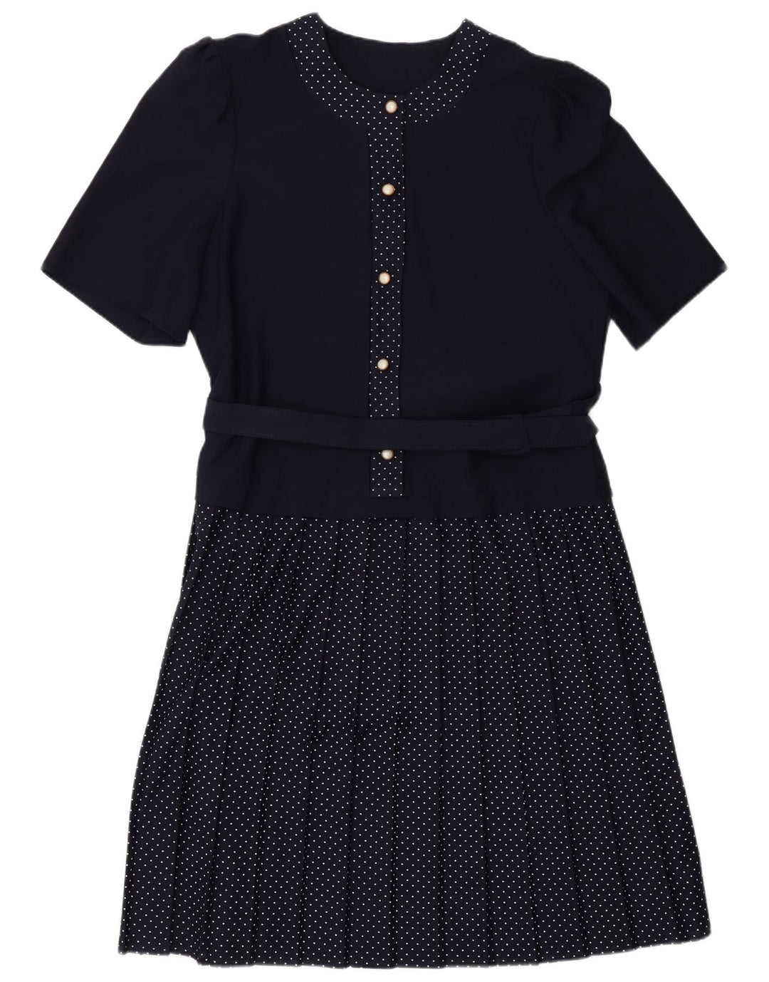 VINTAGE ženska haljina A-kroja UK 16 Veliki tamnoplavi poliester na točkice