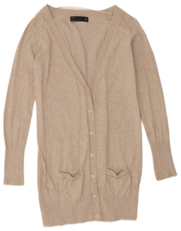 Zara ženski dugi kardigan pulover UK 10 Small Beige Flecked Cotton