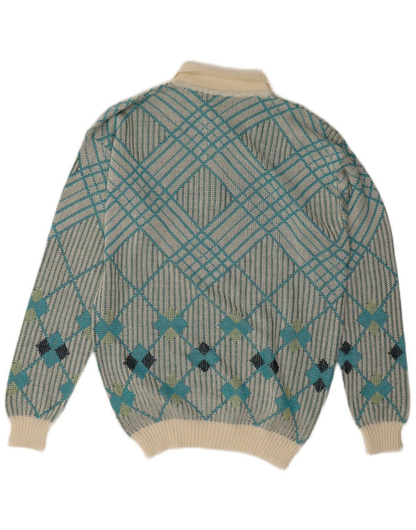 Vintage muški džemper s polo ovratnikom srednje plave geometrije