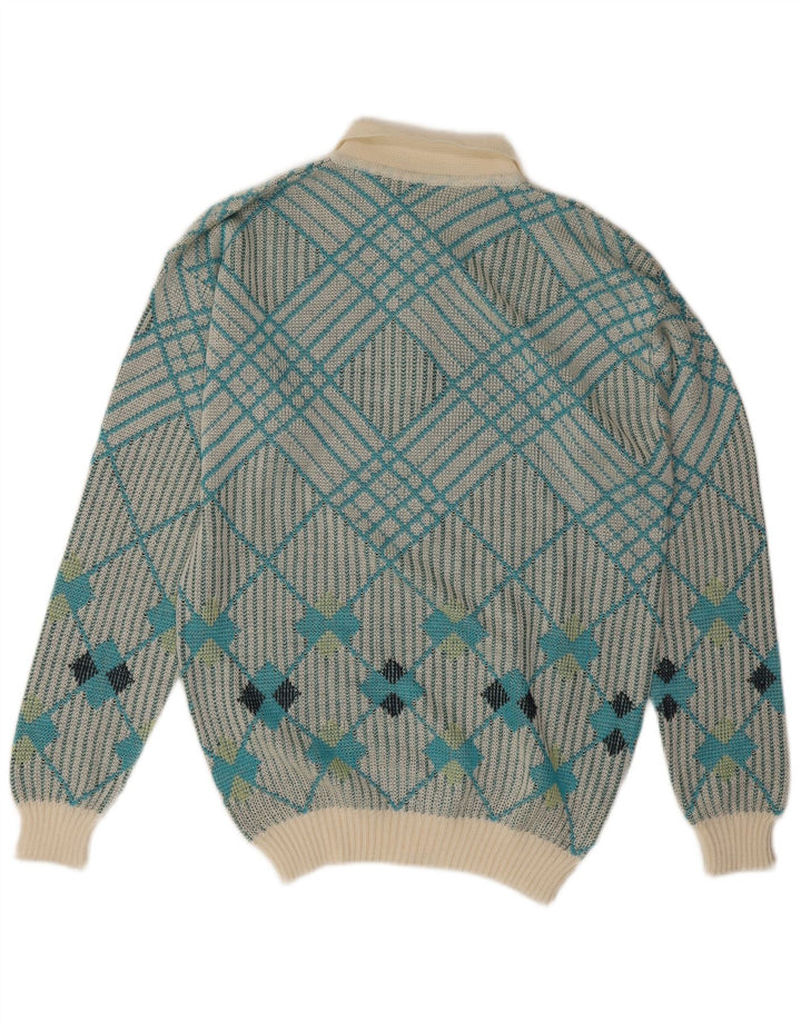 Vintage muški džemper s polo ovratnikom srednje plave geometrije