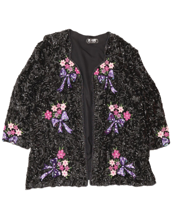 Vintage ženski kardigan sa šljokicama UK 24 4XL crna cvjetna svila