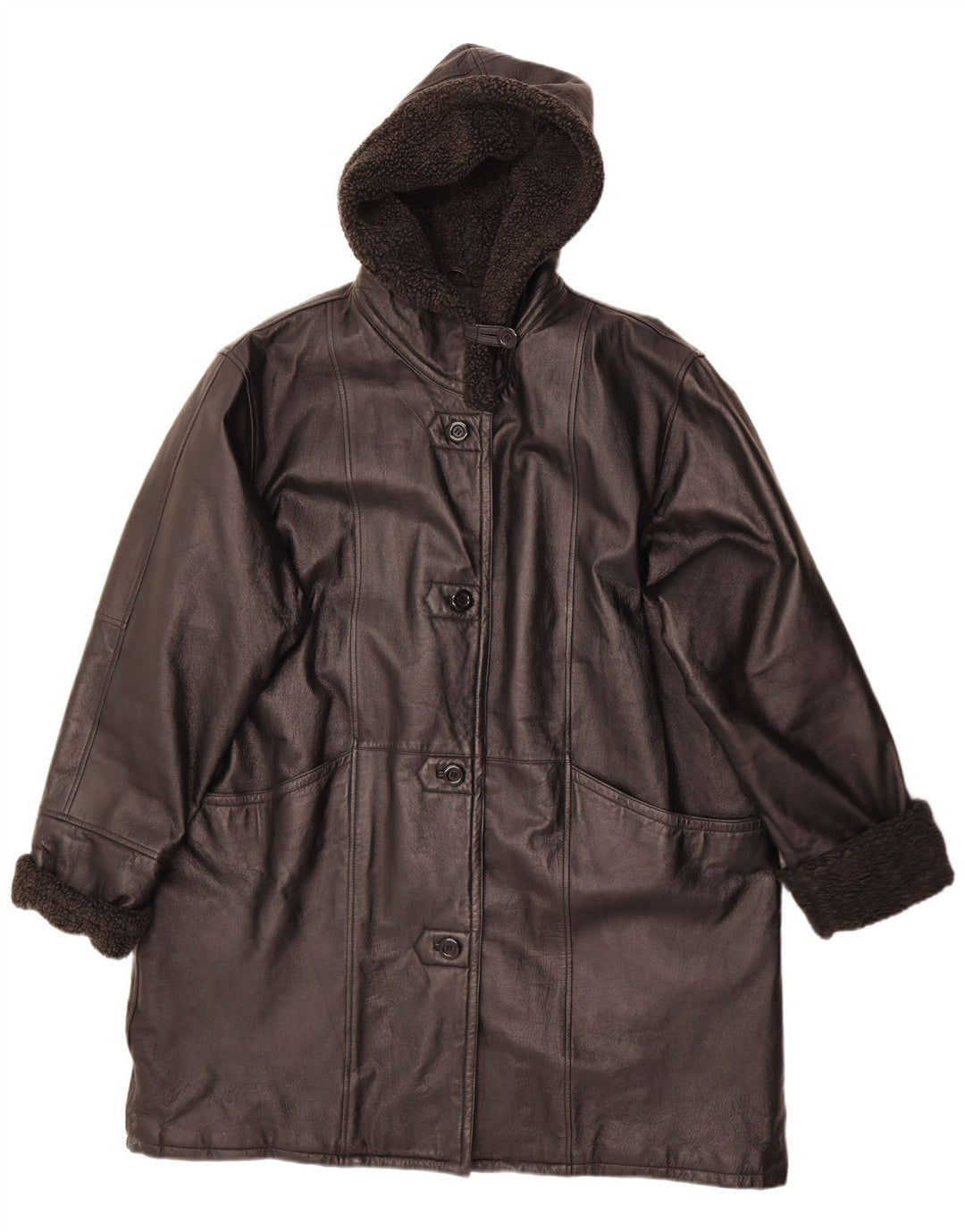 Moderni klasični ženski kožni kaput s kapuljačom UK 22 3XL crna koža