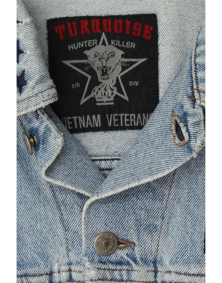 VINTAGE Mens Graphic Denim Jacket UK 38 Medium Blue Vintage Vintage and Second-Hand Vintage from Messina Hembry 