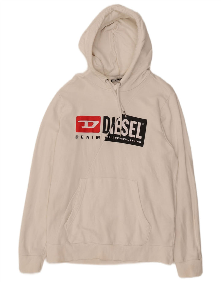 DIESEL Mens Graphic Hoodie Jumper Medium White Cotton