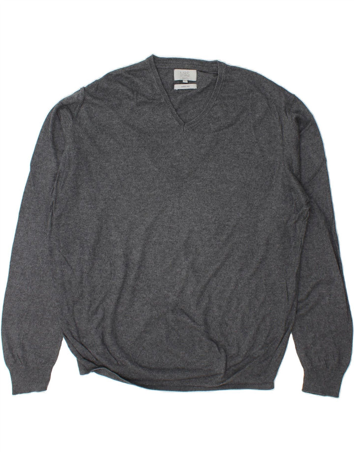 MARKS & SPENCER Mens Regular Fit V-Neck Jumper Sweater XL Grey Cotton Vintage Marks & Spencer and Second-Hand Marks & Spencer from Messina Hembry 