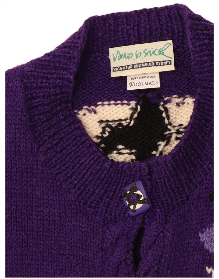 VINTAGE Ženski grafički kardigan džemper UK 20 2XL Ljubičasta vuna