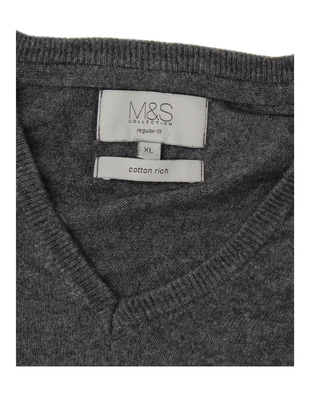 MARKS & SPENCER Mens Regular Fit V-Neck Jumper Sweater XL Grey Cotton Vintage Marks & Spencer and Second-Hand Marks & Spencer from Messina Hembry 