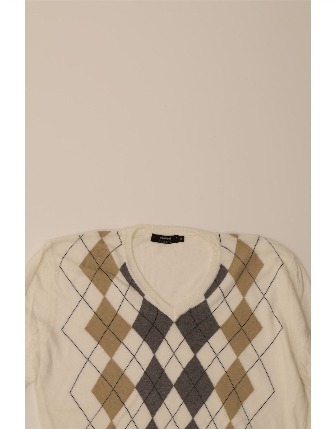CONBIPEL Mens V-Neck Jumper Sweater Medium White Argyle/Diamond Cotton Vintage Conbipel and Second-Hand Conbipel from Messina Hembry 