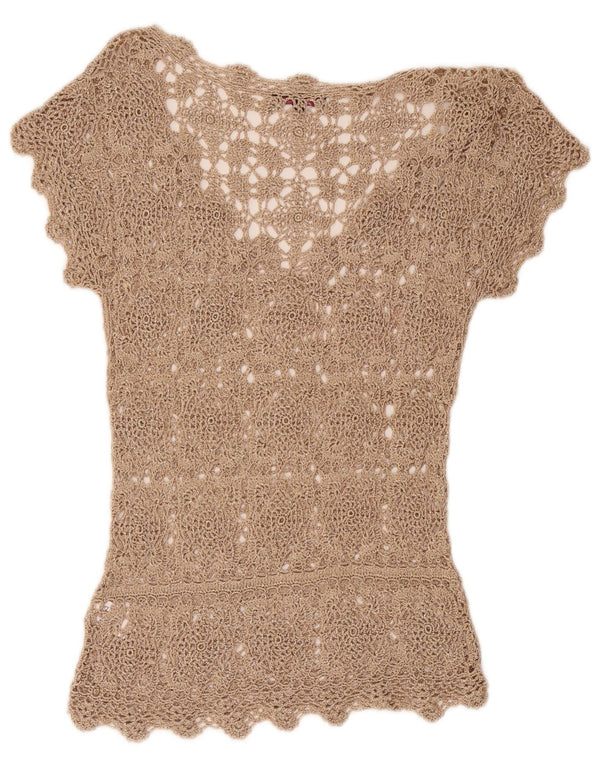 Vintage ženska heklana bluza UK 12 Srednje bež cvjetna viskoza