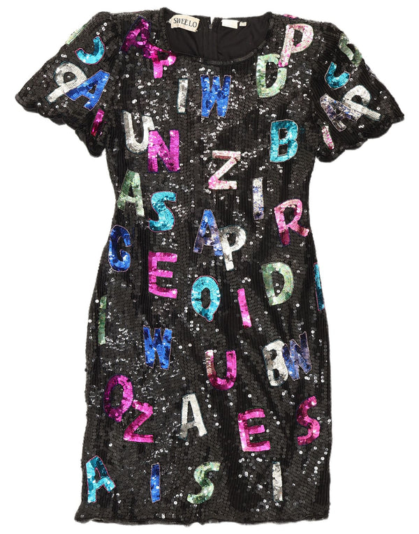 SWEELO Ženska grafička plašt haljina UK 18 XL crna svila