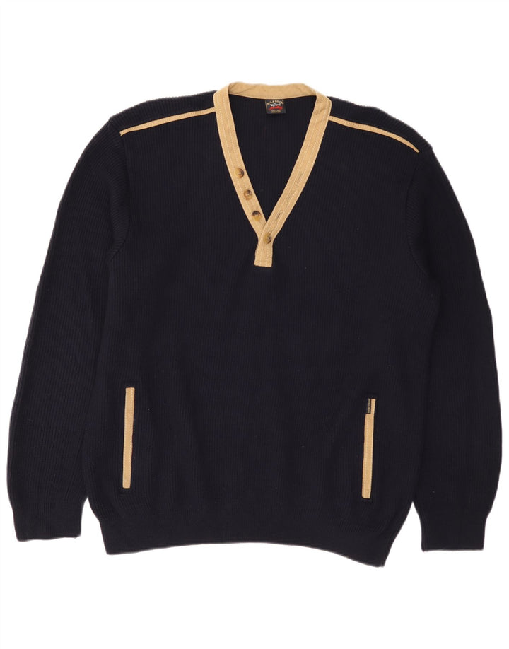 PAUL & SHARK Veliki muški džemper s V-izrezom, vuneni tamnoplavi blokovi