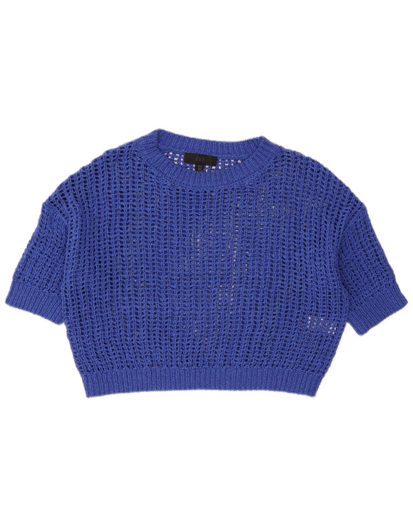 Zara Womens Oversized See Through Knit Crop Top UK 10 Small Blue Cotton