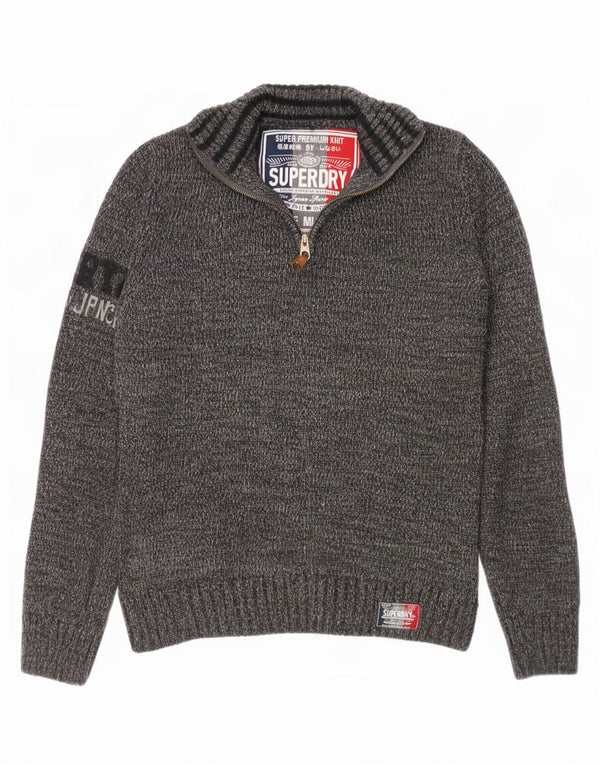 Superdry Mens Graphic Zip Neck Jumper Sweater Medium Grey Flecked Acrylic